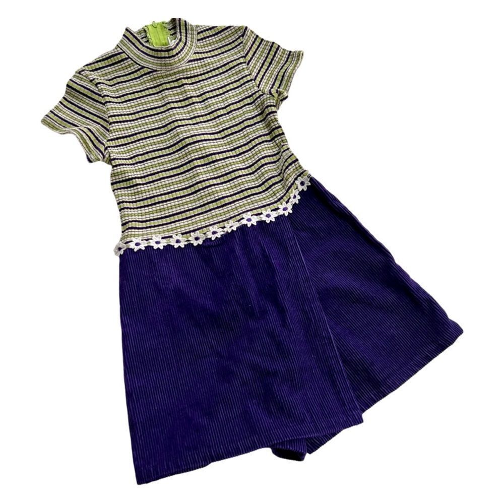 Vintage 90s Mod Stripe Mock Neck Flower Power Embroidered Skort Corduroy Dress